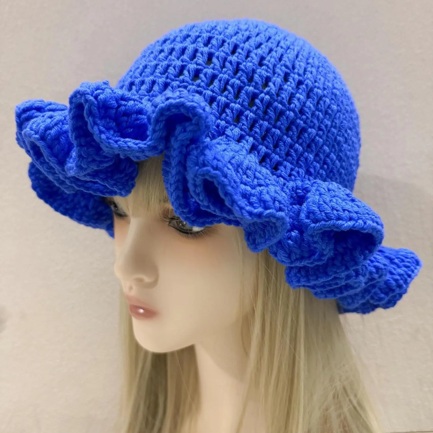Women Crochet Bucket Hat Cute Winter Ruffled Brim Floppy Cap Handmade Knit Cloche Hats