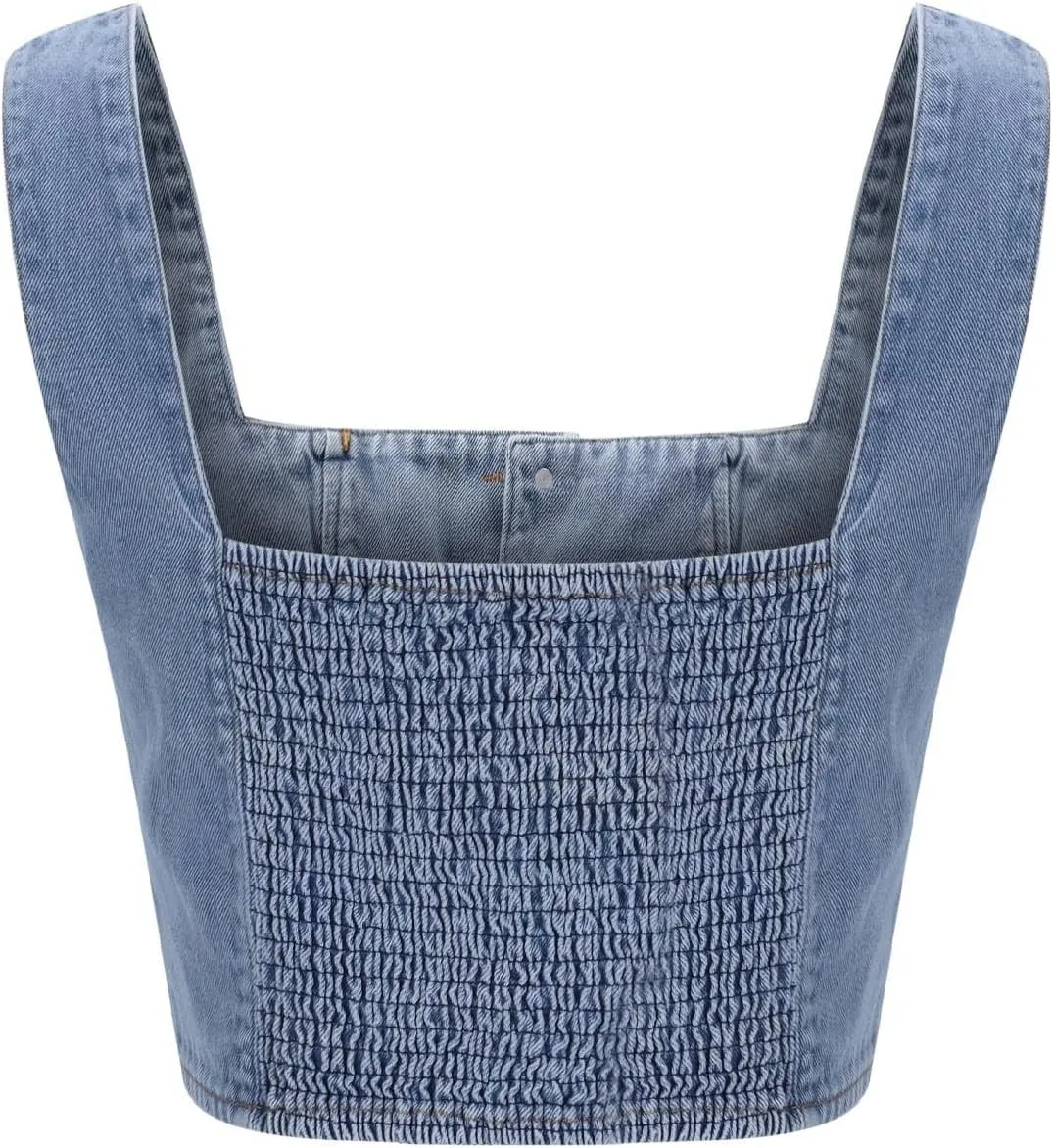 Women Denim Push Up Bustier Tube Top Trendy Y2k Button Down Sleeveless Jean Tank Top Slim Ruched Corset Top Vest