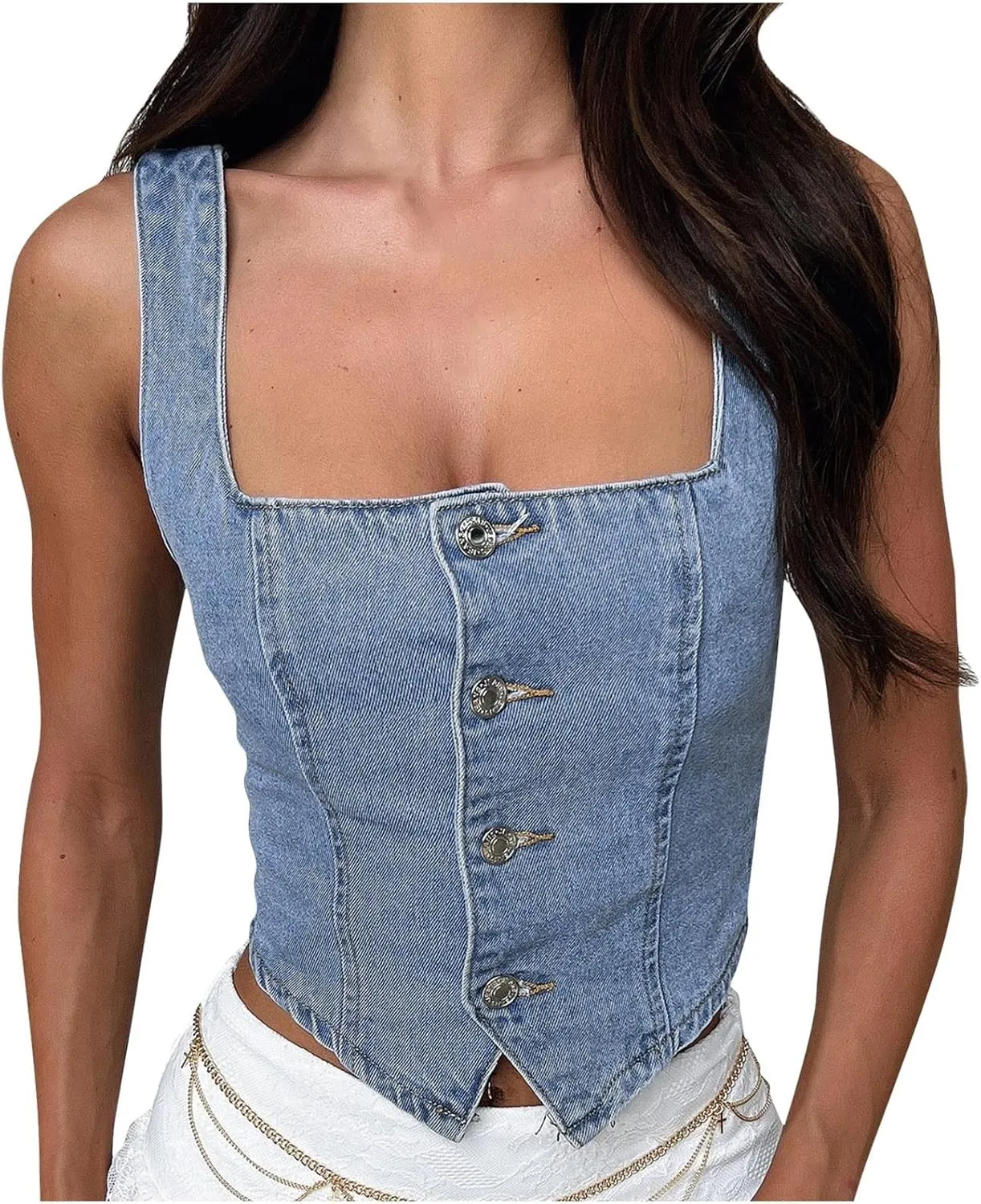 Women Denim Push Up Bustier Tube Top Trendy Y2k Button Down Sleeveless Jean Tank Top Slim Ruched Corset Top Vest