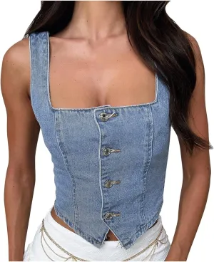 Women Denim Push Up Bustier Tube Top Trendy Y2k Button Down Sleeveless Jean Tank Top Slim Ruched Corset Top Vest