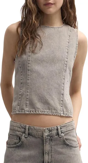 Women Denim Sleeveless Tank Tops Backless Tie Up Back Crew Neck Fitted Vest Summer Fashion Party Club Jean Top