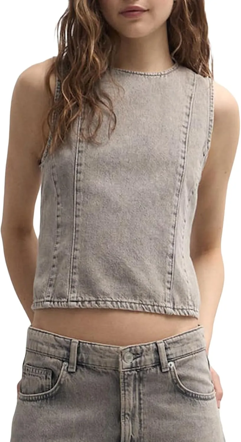 Women Denim Sleeveless Tank Tops Backless Tie Up Back Crew Neck Fitted Vest Summer Fashion Party Club Jean Top