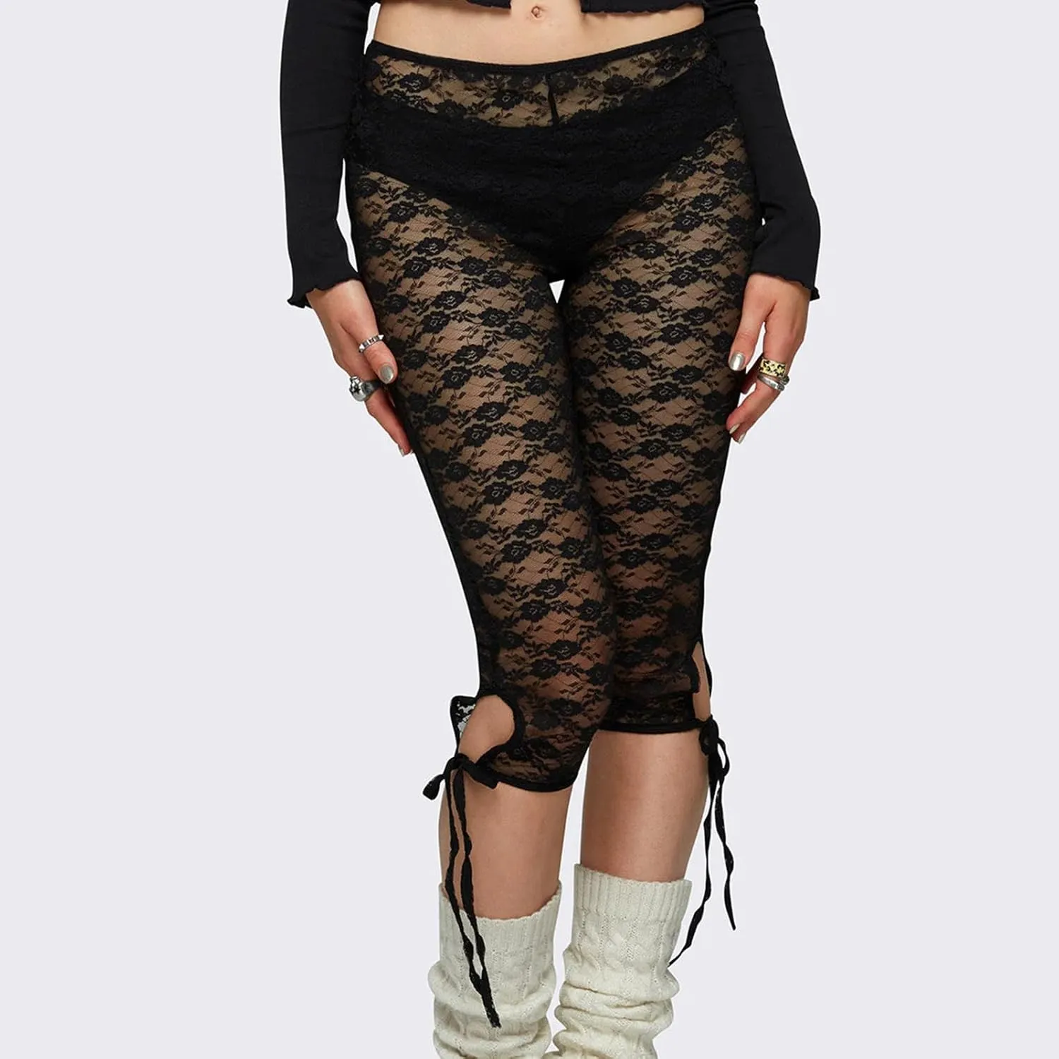 Women Floral Lace Sheer Mesh Capri Pants See-Through Elastic High Waist Bandage Cutout Leggings Trousers
