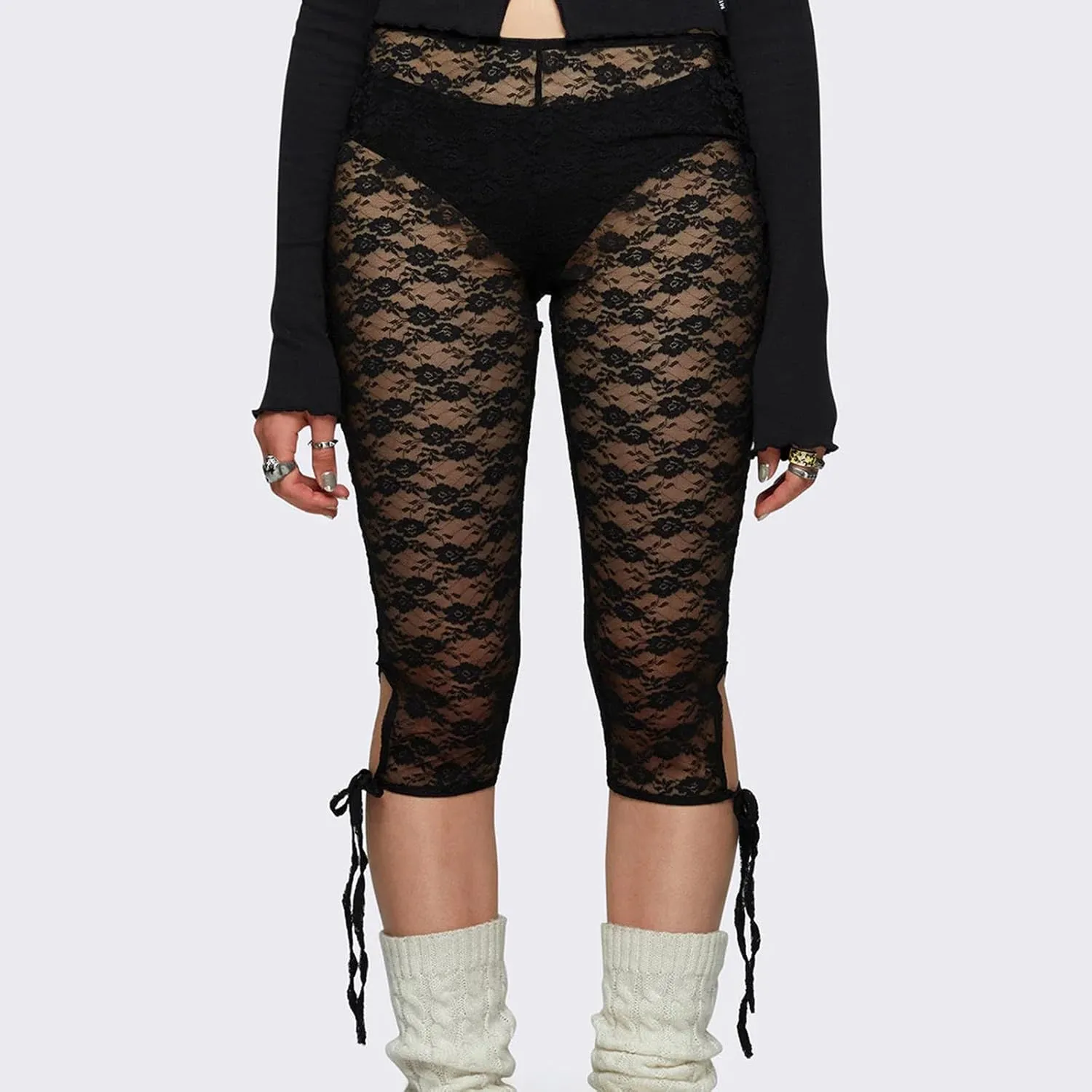 Women Floral Lace Sheer Mesh Capri Pants See-Through Elastic High Waist Bandage Cutout Leggings Trousers