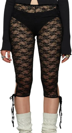 Women Floral Lace Sheer Mesh Capri Pants See-Through Elastic High Waist Bandage Cutout Leggings Trousers