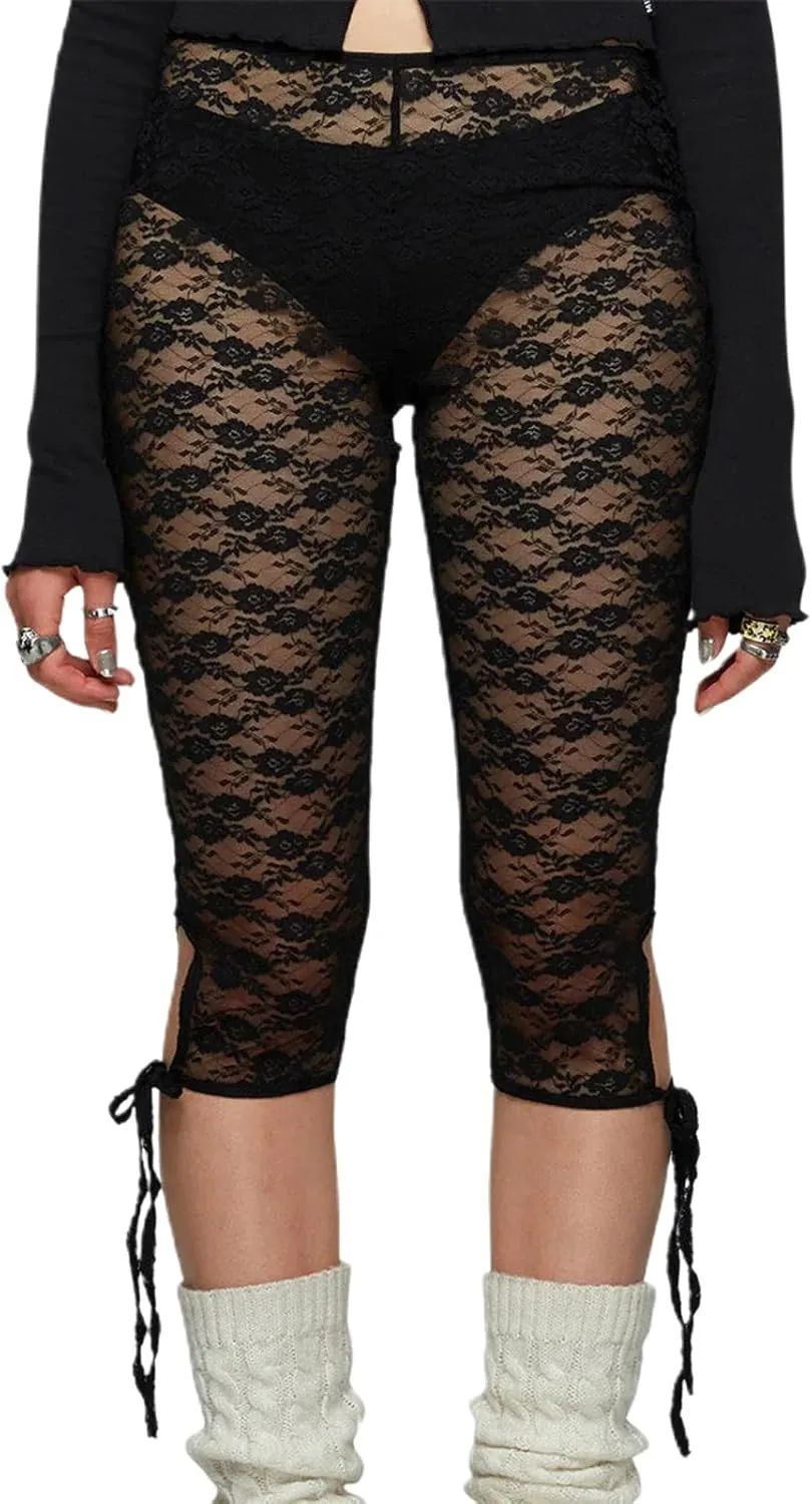 Women Floral Lace Sheer Mesh Capri Pants See-Through Elastic High Waist Bandage Cutout Leggings Trousers