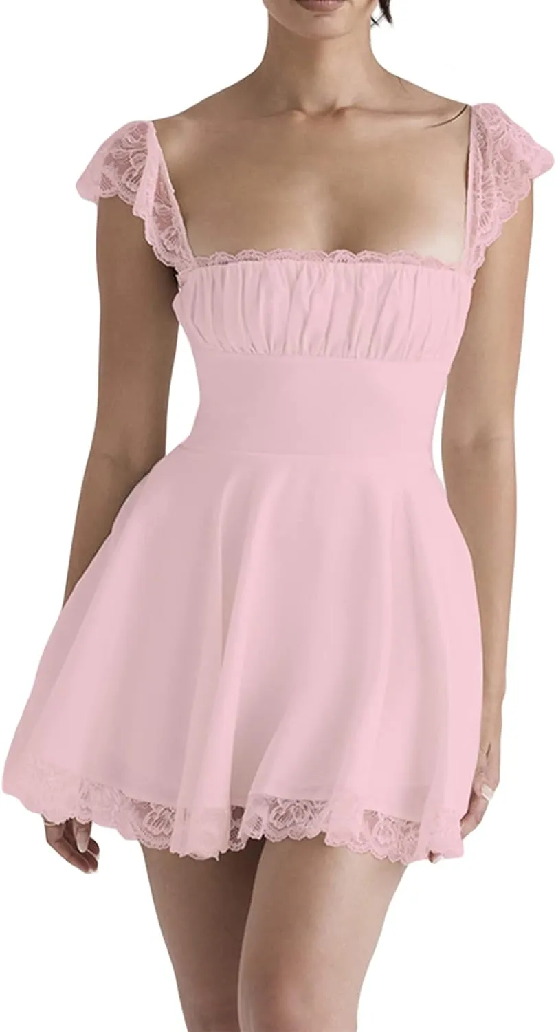Women Fly Sleeve Mini Dress Sweetheart-Neck Swiss Dot Sleeveless Chiffon Tiered Ruffle Hem Bodycon Dress Streetwear