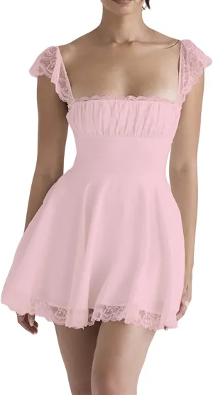 Women Fly Sleeve Mini Dress Sweetheart-Neck Swiss Dot Sleeveless Chiffon Tiered Ruffle Hem Bodycon Dress Streetwear