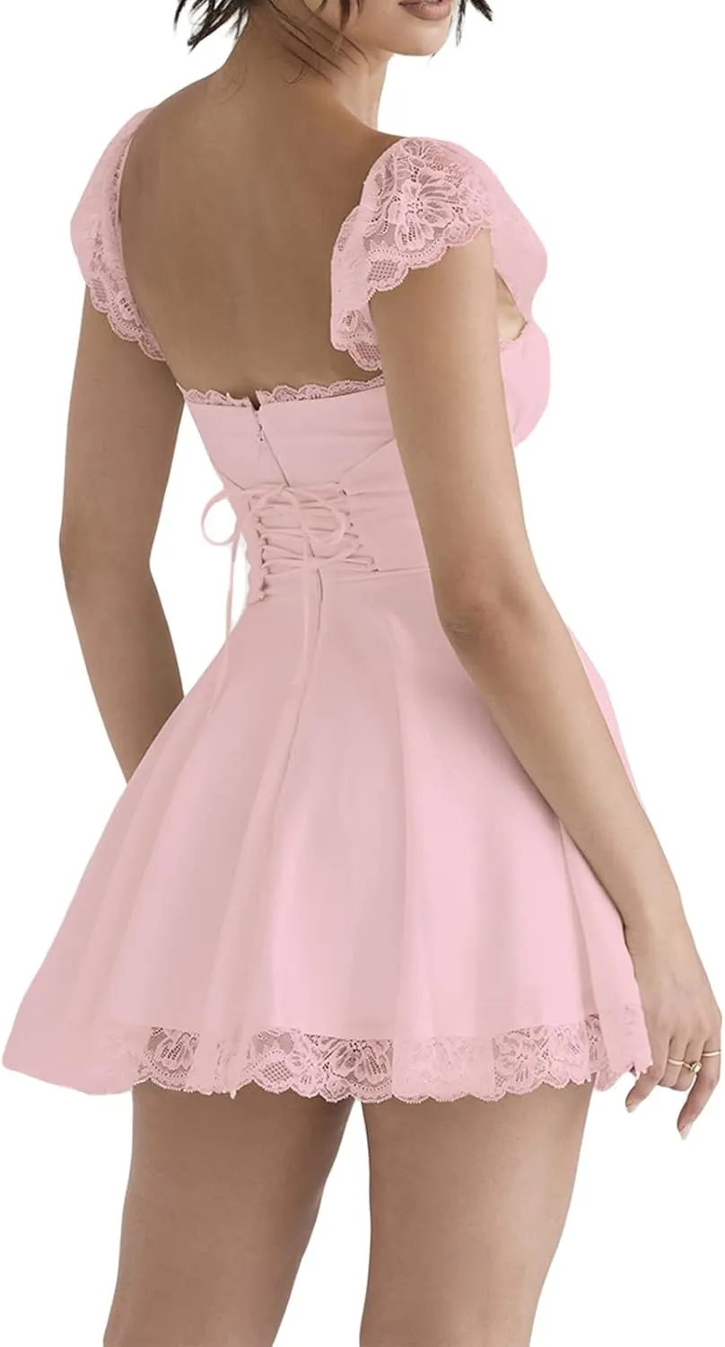 Women Fly Sleeve Mini Dress Sweetheart-Neck Swiss Dot Sleeveless Chiffon Tiered Ruffle Hem Bodycon Dress Streetwear
