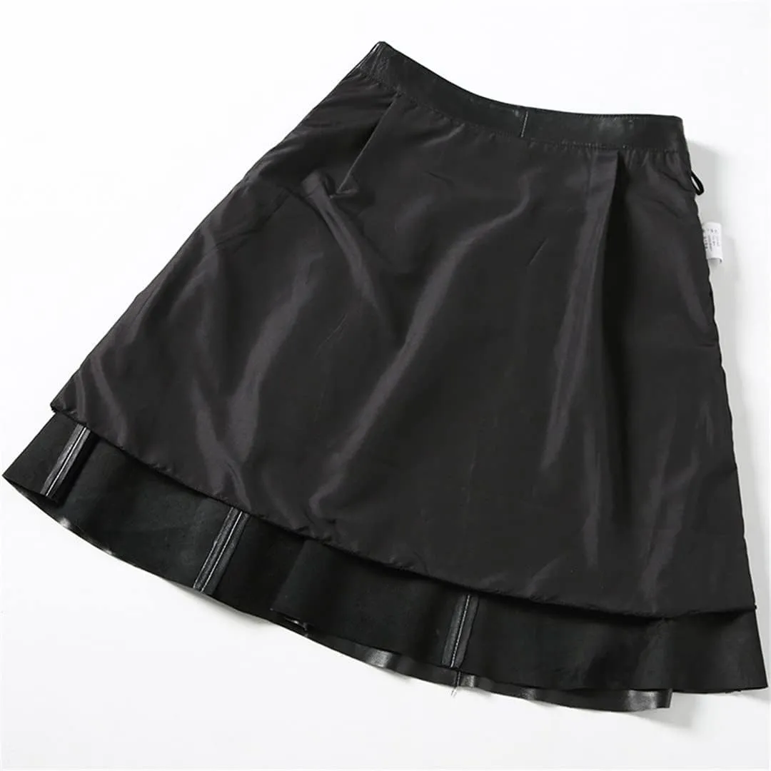 Women Genuine Leather High Waist Midi Skirt Long Real Skin Pleated Skirt