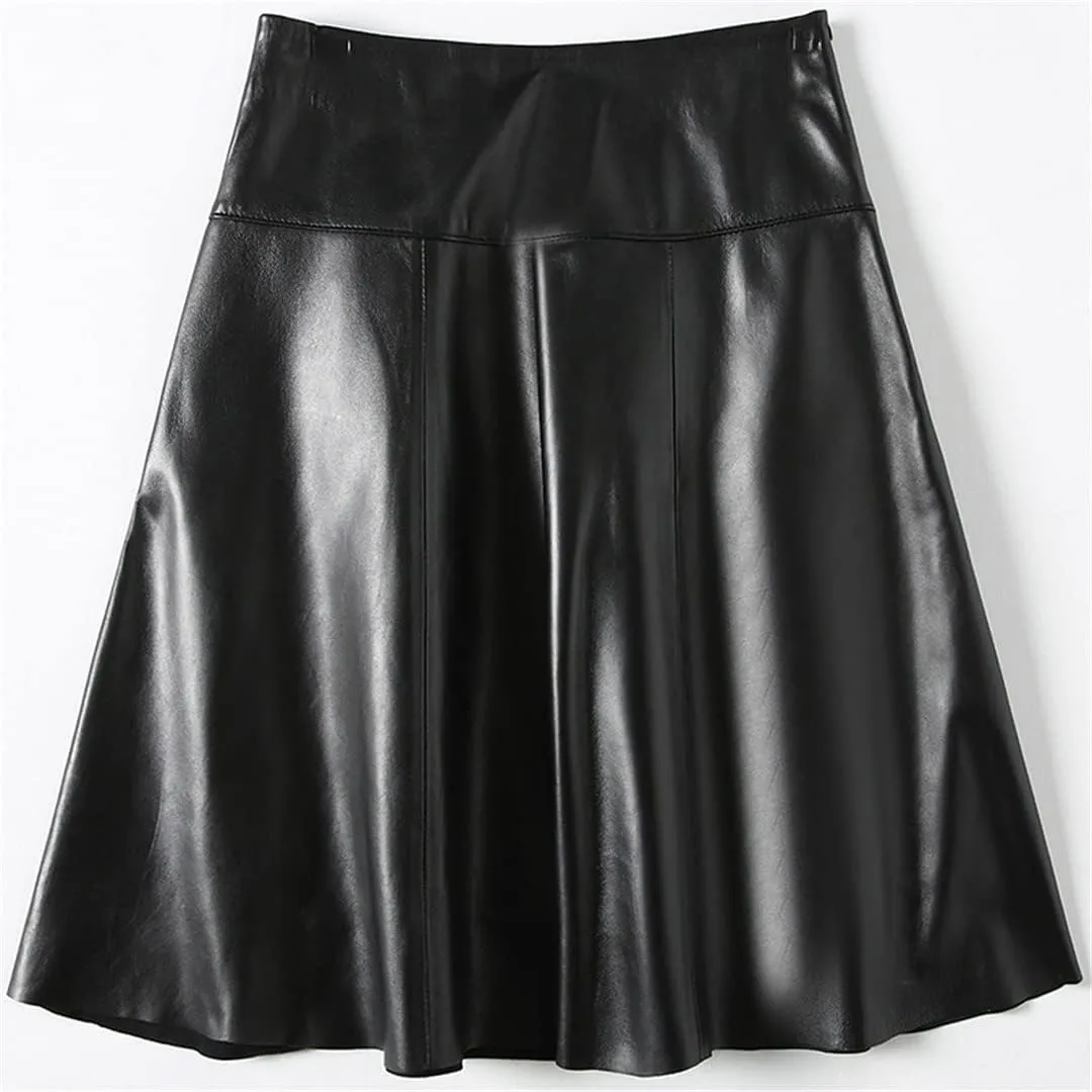 Women Genuine Leather High Waist Midi Skirt Long Real Skin Pleated Skirt