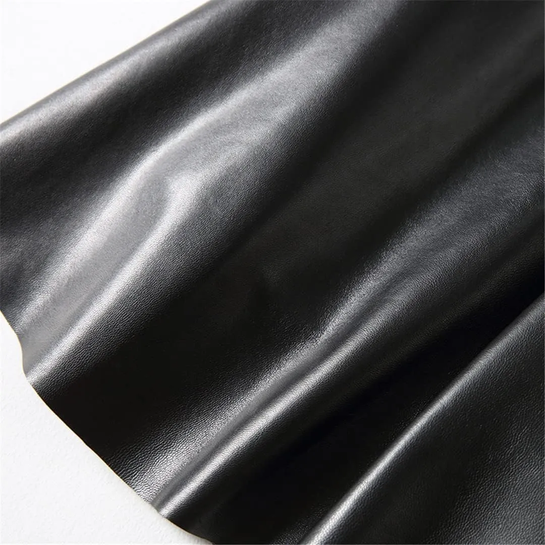 Women Genuine Leather High Waist Midi Skirt Long Real Skin Pleated Skirt