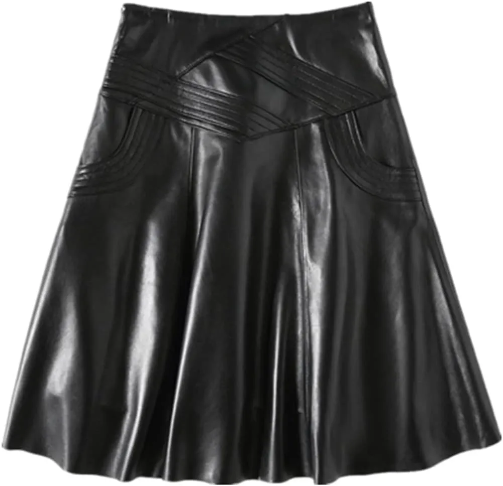 Women Genuine Leather High Waist Midi Skirt Long Real Skin Pleated Skirt