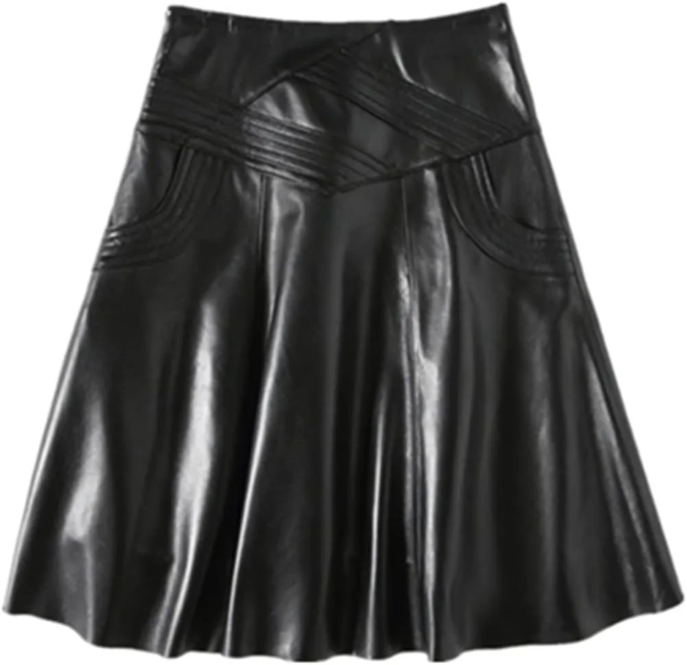 Women Genuine Leather High Waist Midi Skirt Long Real Skin Pleated Skirt