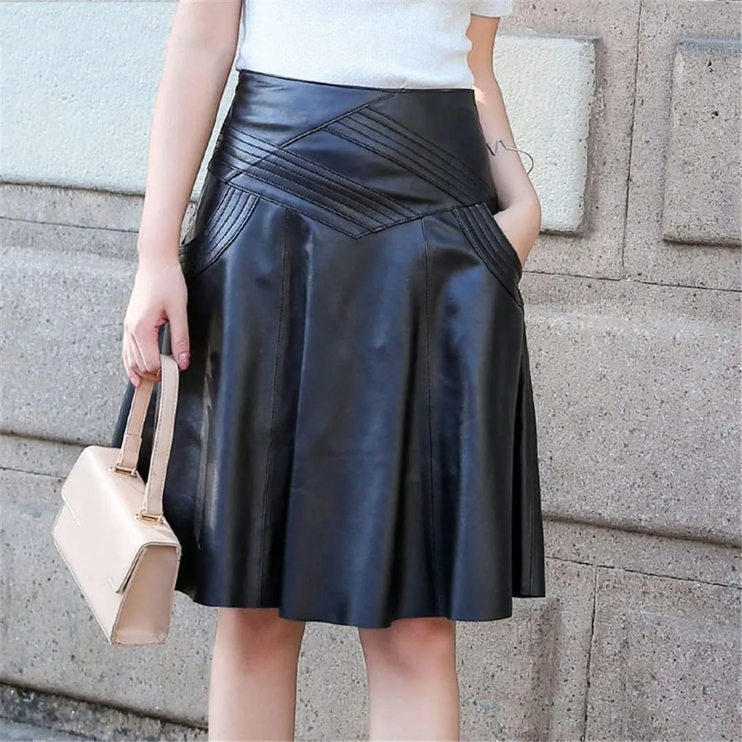 Women Genuine Leather High Waist Midi Skirt Long Real Skin Pleated Skirt