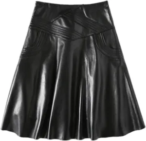 Women Genuine Leather High Waist Midi Skirt Long Real Skin Pleated Skirt