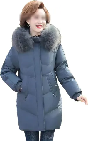 Women Hooded Cotton Down Jacket Winter Solid Thicken Warm Padded Coat Casual Middle-Aged Elderly Outwear