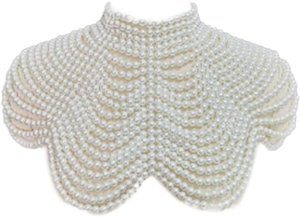 Women Imitation Pearl Beaded Bib Choker Necklace Body Chain Shawl Collar Jewelry