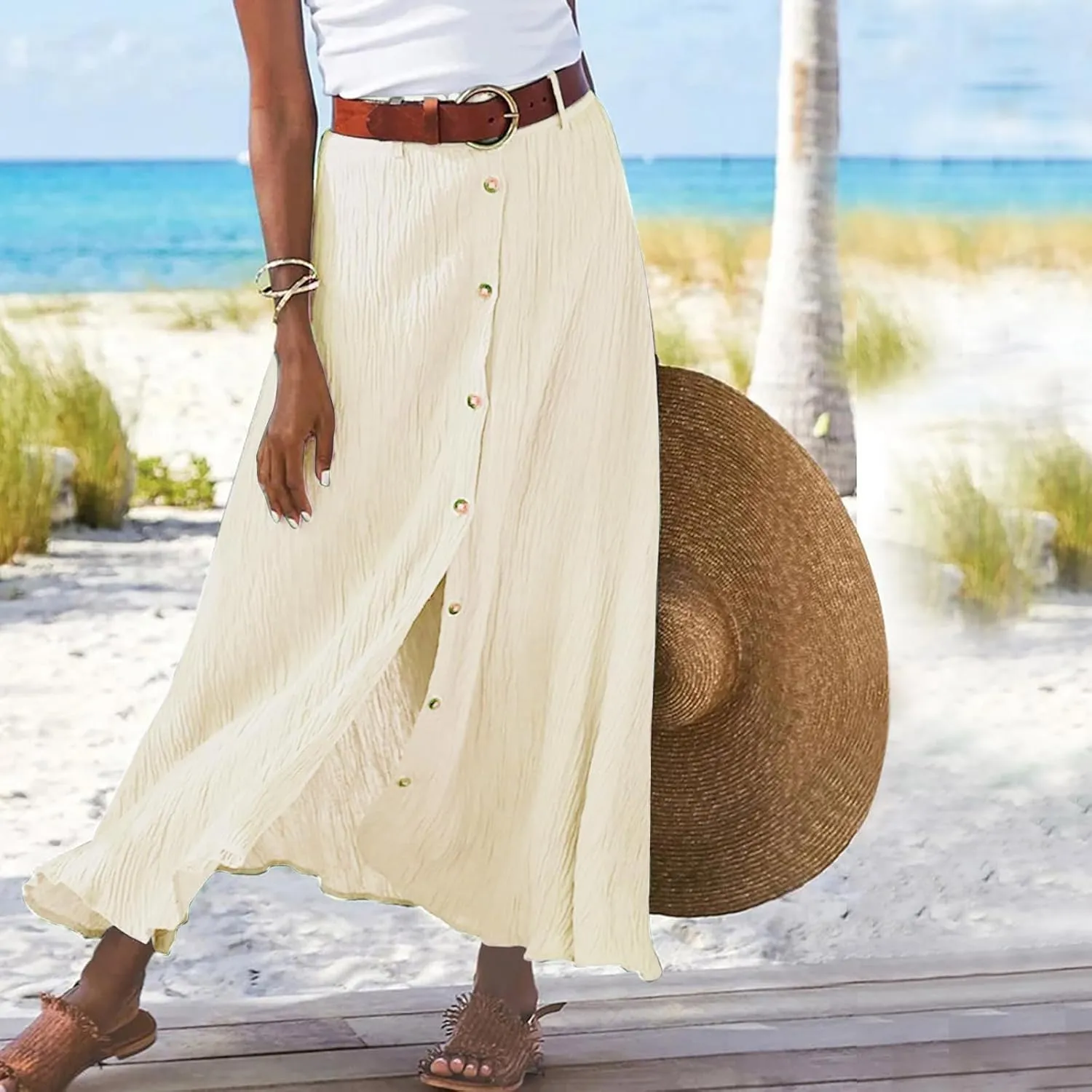 Women Long Skirt A-Line High Waist Front Slit Buttons Flowy Maxi Skirt Casual Beach Vacation Skirt for Women