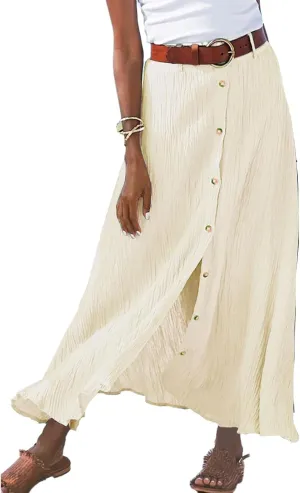 Women Long Skirt A-Line High Waist Front Slit Buttons Flowy Maxi Skirt Casual Beach Vacation Skirt for Women