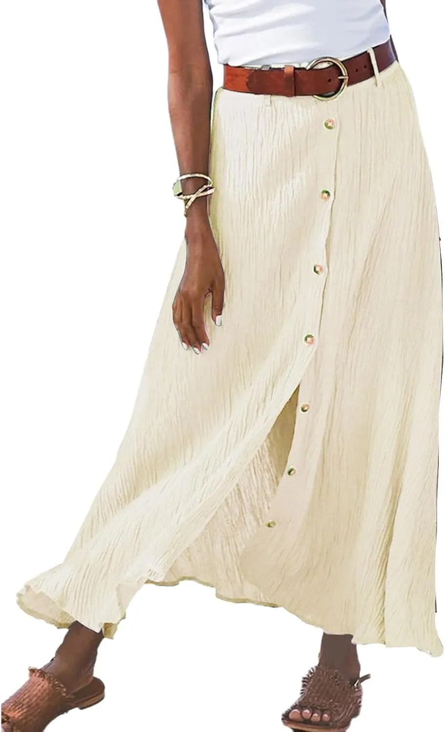 Women Long Skirt A-Line High Waist Front Slit Buttons Flowy Maxi Skirt Casual Beach Vacation Skirt for Women