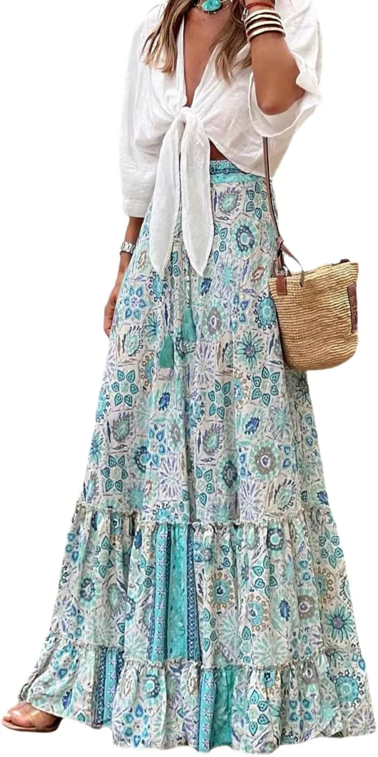 Women Long Skirt Prints High Waist Loose Pleated Ruffle Flowy Maxi Skirt Beach Vacation Outfits Boho Skirt