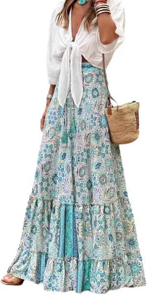 Women Long Skirt Prints High Waist Loose Pleated Ruffle Flowy Maxi Skirt Beach Vacation Outfits Boho Skirt