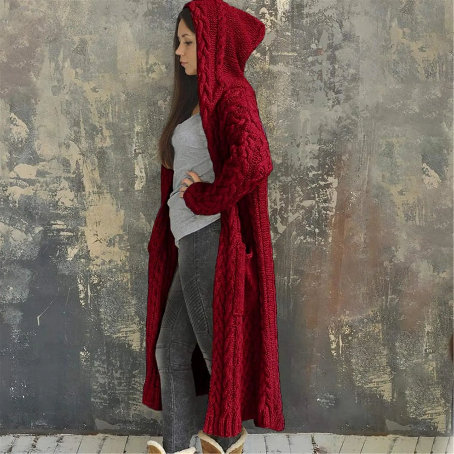 Women Long Sweater Coats with Hood, Cable Chunky Cardigans Mid Calf Knit Casual Open Front Sweaters Jacket