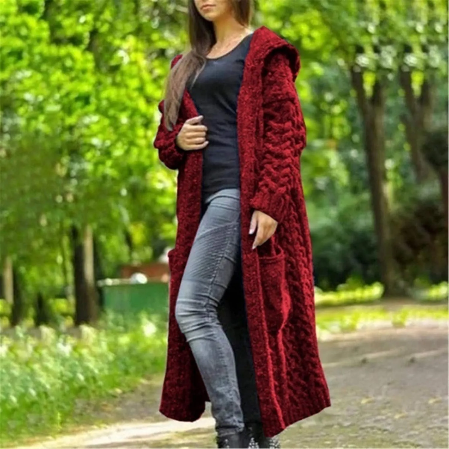 Women Long Sweater Coats with Hood, Cable Chunky Cardigans Mid Calf Knit Casual Open Front Sweaters Jacket