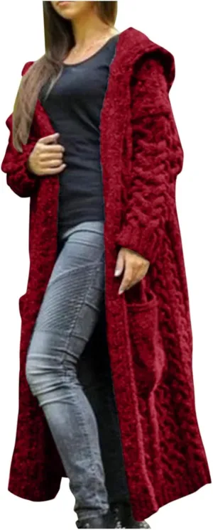 Women Long Sweater Coats with Hood, Cable Chunky Cardigans Mid Calf Knit Casual Open Front Sweaters Jacket