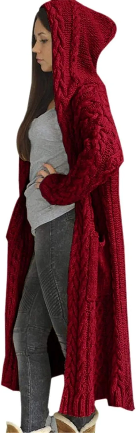 Women Long Sweater Coats with Hood, Cable Chunky Cardigans Mid Calf Knit Casual Open Front Sweaters Jacket