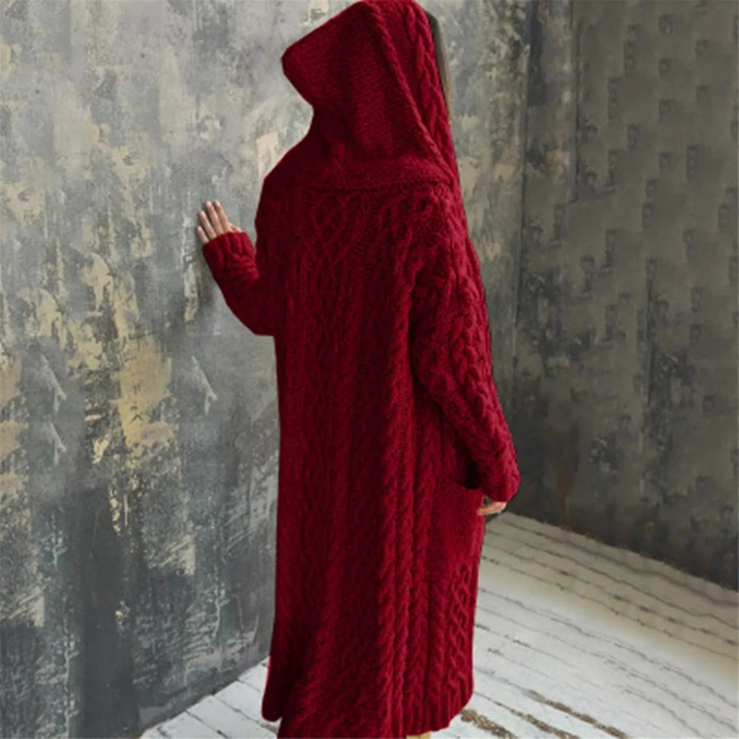 Women Long Sweater Coats with Hood, Cable Chunky Cardigans Mid Calf Knit Casual Open Front Sweaters Jacket