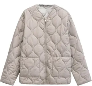 Women Patch Pocket Cotton Padded Jacket Coat Vintage O Neck Long Sleeve Zipper-Up Outerwear Tops Khaki S