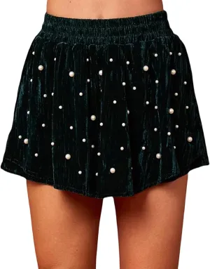 Women Pearl Studded Skort Elastic High Waist Velvet Short Skirt Flowy Beaded Shorts Christmas Party Bottoms