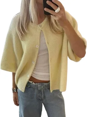 Women Short Sleeve Button Down Cropped Cardigan Sweater T-Shirts Y2k Girls Knit Pullover Crop Tops Fall Clothes