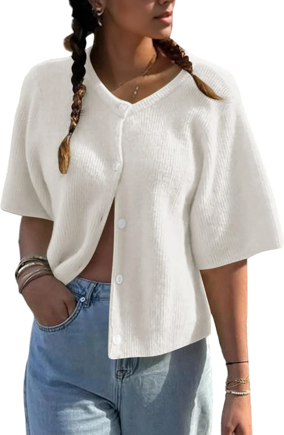 Women Short Sleeve Button Down Cropped Cardigan Sweater T-Shirts Y2k Girls Knit Pullover Crop Tops Fall Clothes