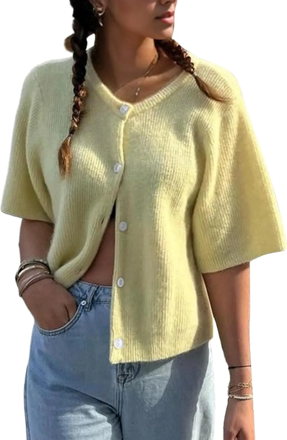 Women Short Sleeve Button Down Cropped Cardigan Sweater T-Shirts Y2k Girls Knit Pullover Crop Tops Fall Clothes