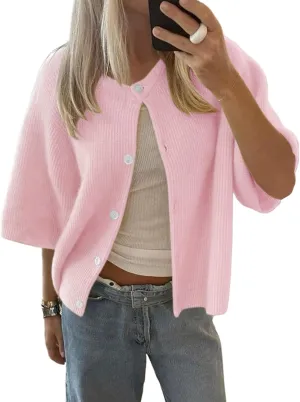 Women Short Sleeve Button Down Cropped Cardigan Sweater T-Shirts Y2k Girls Knit Pullover Crop Tops Fall Clothes