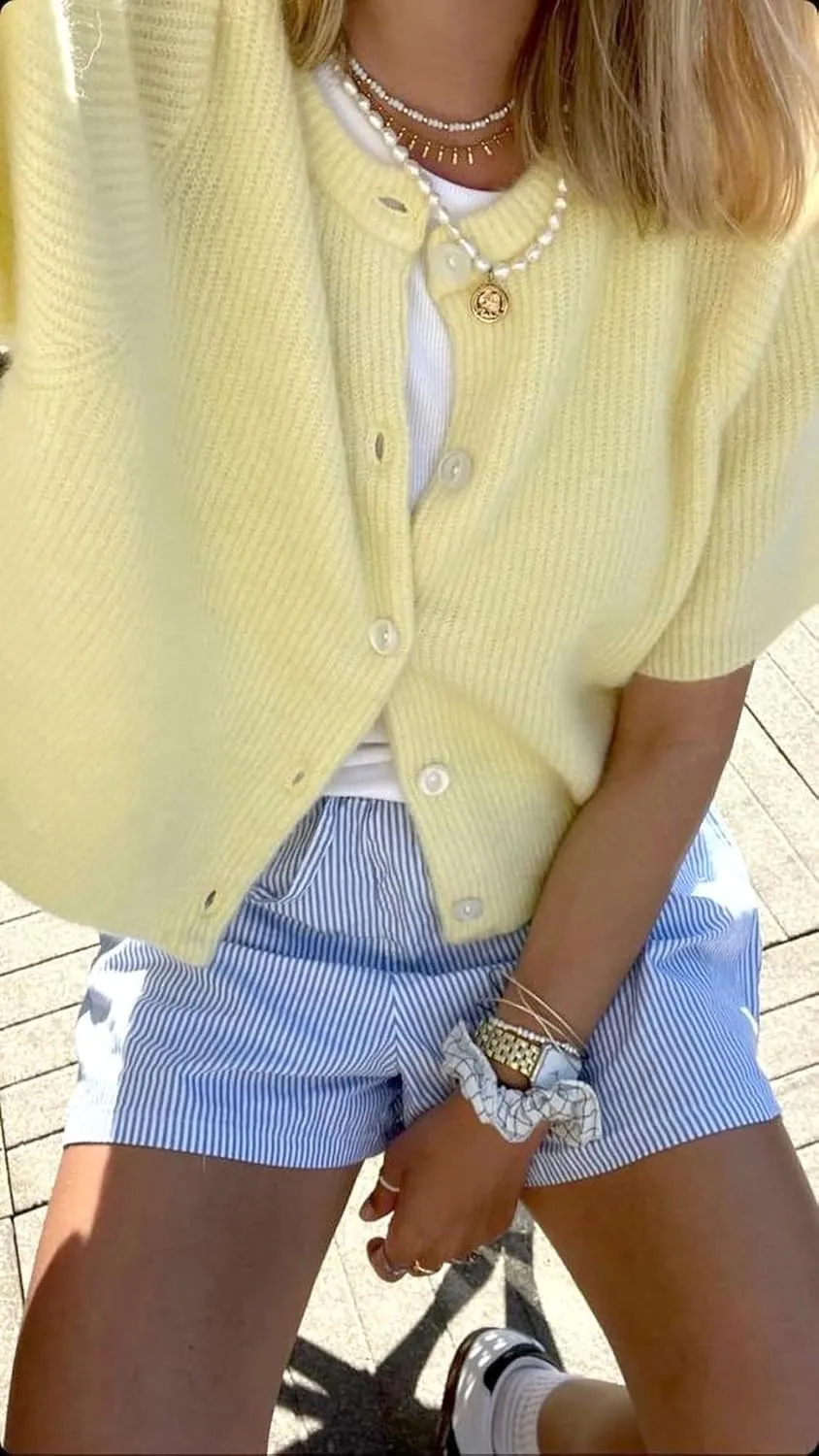 Women Short Sleeve Button Down Cropped Cardigan Sweater T-Shirts Y2k Girls Knit Pullover Crop Tops Fall Clothes