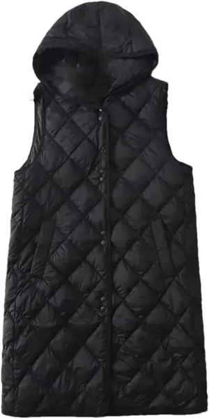 Women Sleeveless Down Vest Coat Loose Hooded Mid Long Cotton Padded Waistcoat Coat