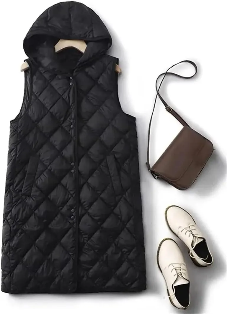 Women Sleeveless Down Vest Coat Loose Hooded Mid Long Cotton Padded Waistcoat Coat