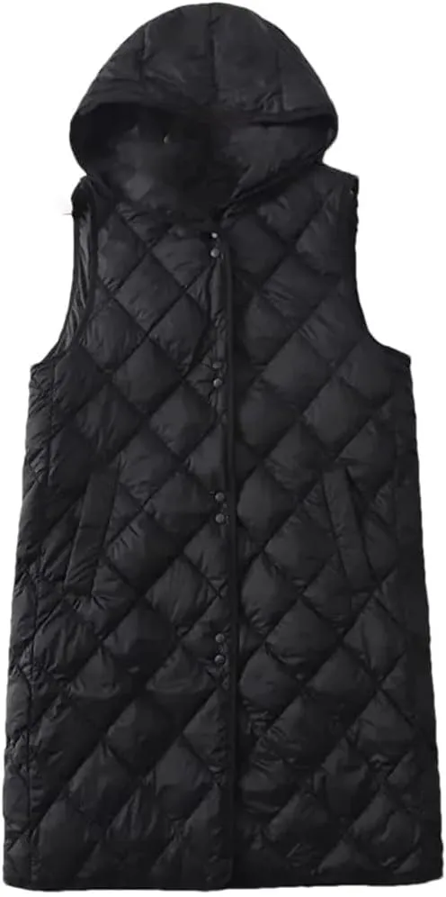 Women Sleeveless Down Vest Coat Loose Hooded Mid Long Cotton Padded Waistcoat Coat