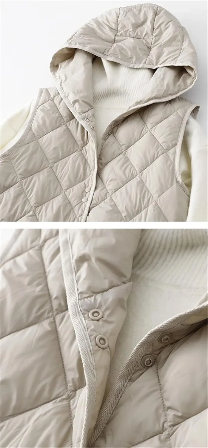 Women Sleeveless Down Vest Coat Loose Hooded Mid Long Cotton Padded Waistcoat Coat