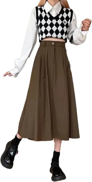 Women Spring Autumn Vintage Pleated Skirt High Waist Midi A-Line Skirt