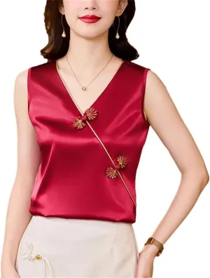 Women Spring Summer Chinese Style Camisole Shirt V-Neck Buckle Sleeveless Tank Tops