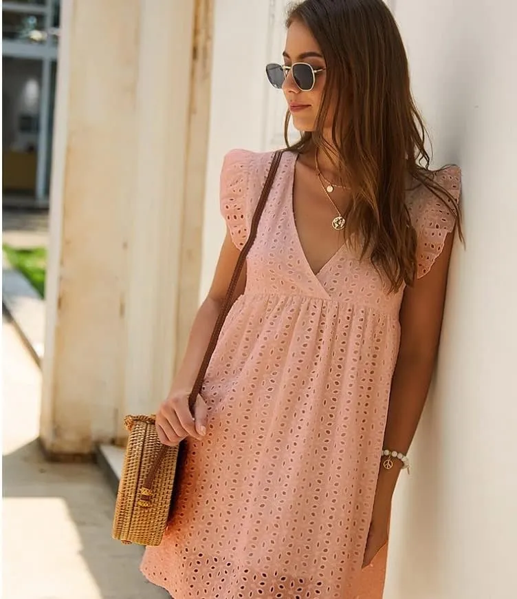 Women Summer Plain Dress Ruffle Sleeve V Neck Casual Loose Flowy Swing Mini Short Dress