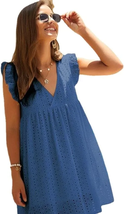 Women Summer Plain Dress Ruffle Sleeve V Neck Casual Loose Flowy Swing Mini Short Dress