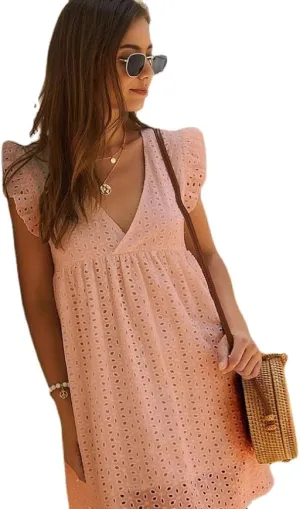 Women Summer Plain Dress Ruffle Sleeve V Neck Casual Loose Flowy Swing Mini Short Dress