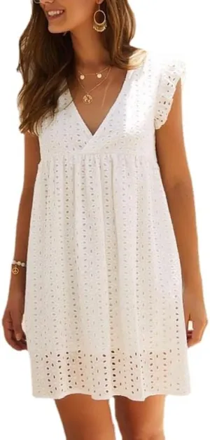 Women Summer Plain Dress Ruffle Sleeve V Neck Casual Loose Flowy Swing Mini Short Dress