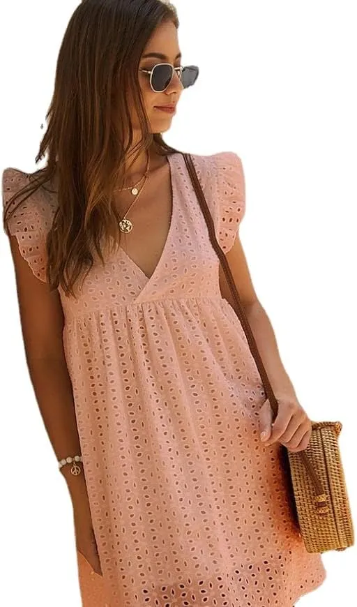Women Summer Plain Dress Ruffle Sleeve V Neck Casual Loose Flowy Swing Mini Short Dress